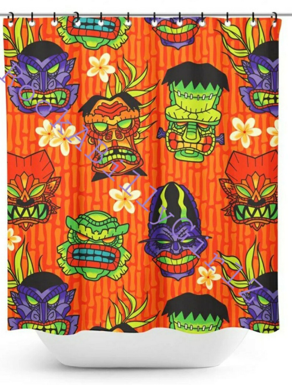 Sourpuss Tiki Monster Mask Dracula Frankenstein Wolfman Halloween Shower Curtain